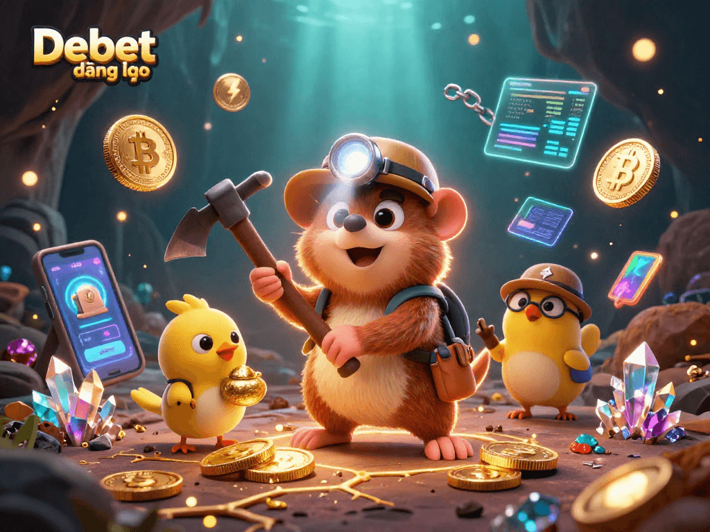 Engage in adventures with Debet đăng nhập, featuring a treasure hunter mole in a vibrant casino theme.