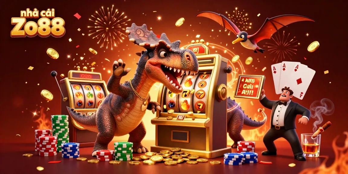 Experience the dynamic excitement at nhà cái Zo88 with a cartoon dinosaur hitting a jackpot!