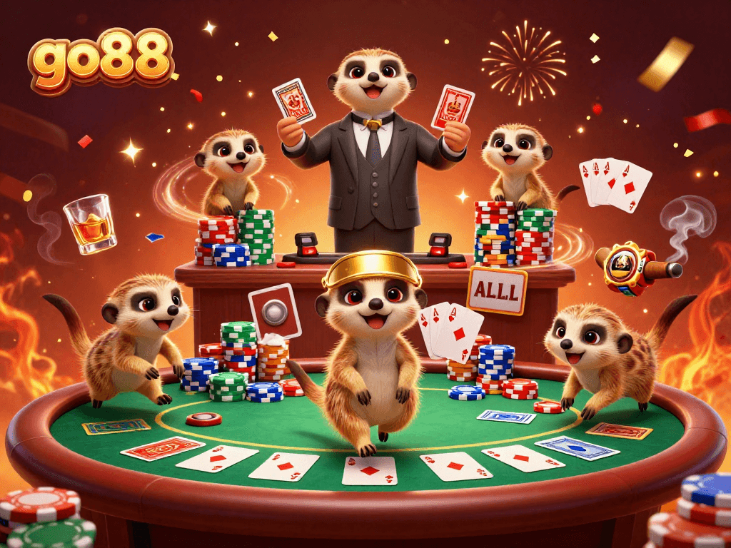 Join the go88 meerkats in a bustling casino scene filled with poker action and excitement.