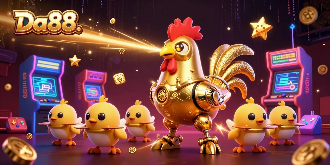 Engage with Da88.'s thrilling gaming experience featuring a golden rooster robot and arcade machines.