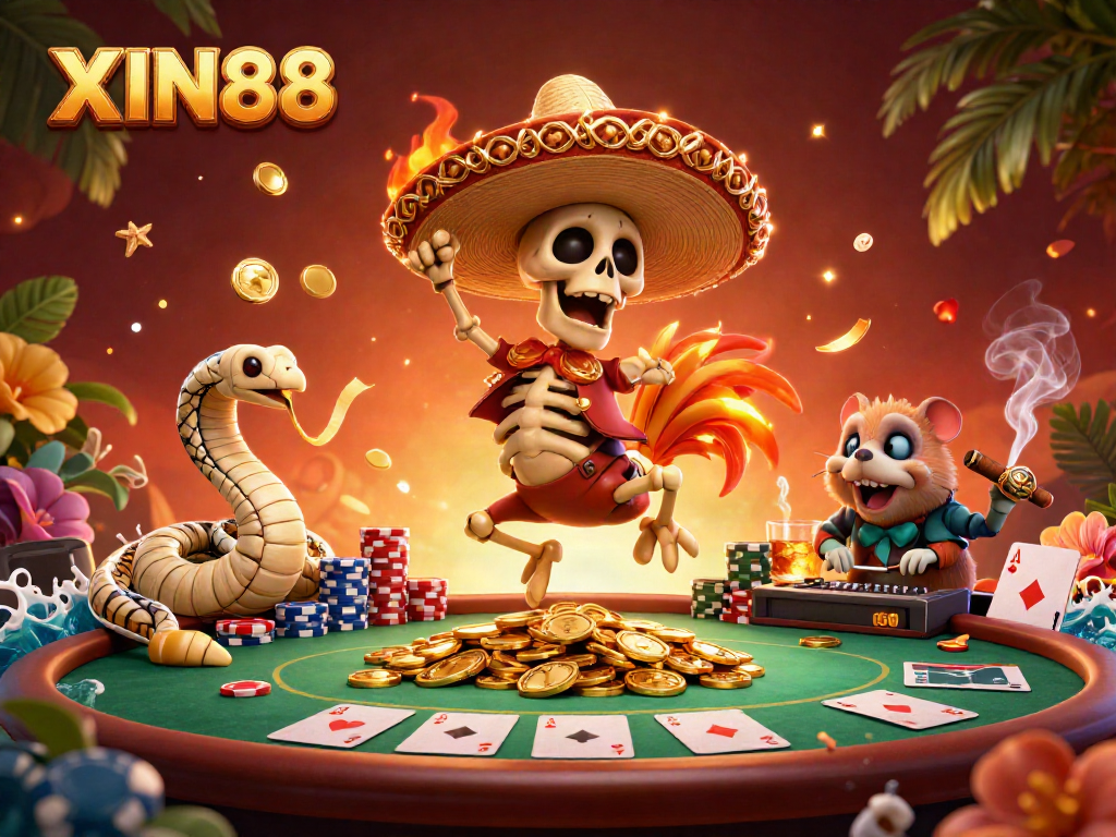 Experience the vibrant XIN88 casino scene with animated characters, chips, and cards.