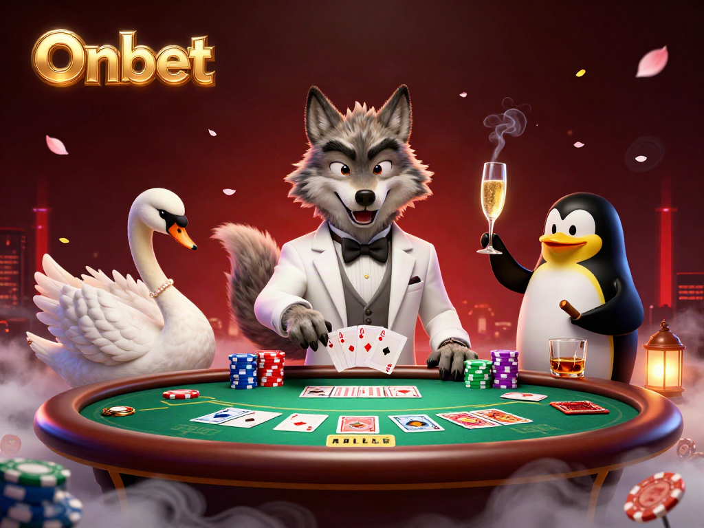 Engaging Onbet scene with a wolf, swan, and penguin at a baccarat table amidst vibrant casino elements.
