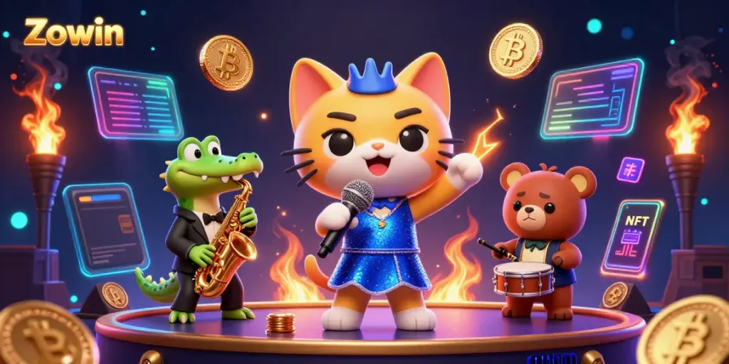 Zowin game scene featuring a lively jazz-singer cat, a saxophone-playing crocodile, and a drum-playing bear cub in a vibrant casino