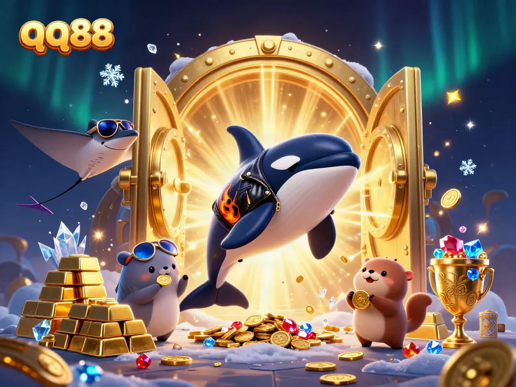Playing at qq88 with animated characters celebrating wins among treasures in a colorful casino scene.