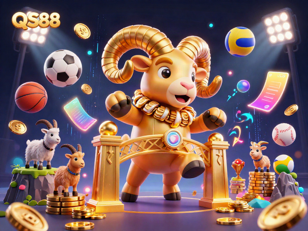 Experience excitement at QS88 with a golden ram charging through a vibrant casino scene filled with sports elements.