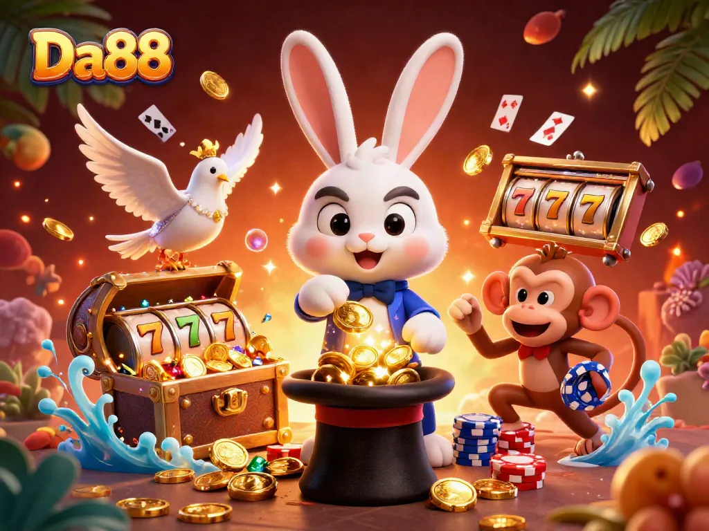 Win big with Da88 through thrilling slots and engaging casino games in this vibrant 3D illustration.