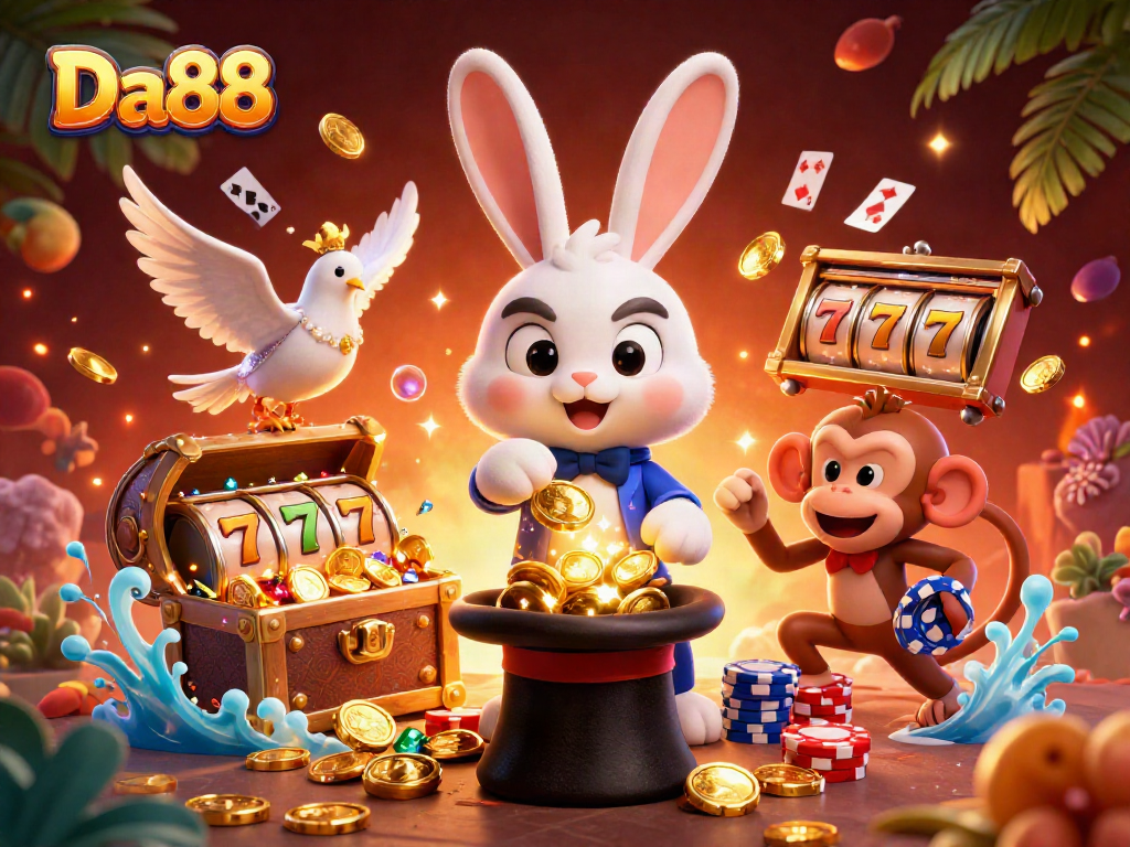 Win big with Da88 through thrilling slots and engaging casino games in this vibrant 3D illustration.