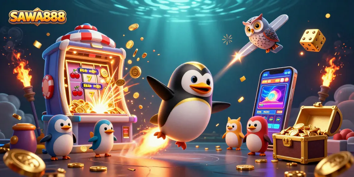 Experience exciting gameplay with SAWA888 as a golden penguin flies towards a jackpot explosion amidst vibrant casino elements.