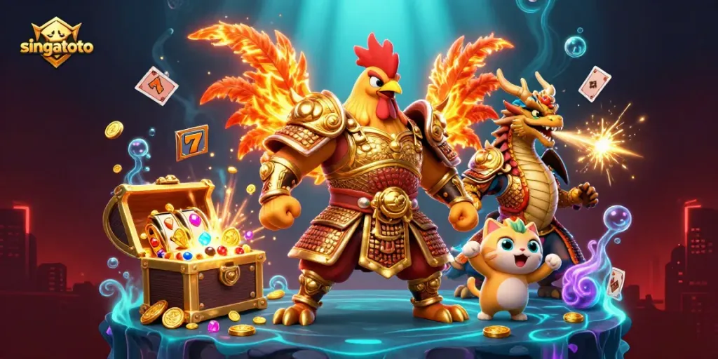 Engage with singatoto's thrilling gaming scene featuring dynamic slot games, iconic symbols, and a vibrant atmosphere.