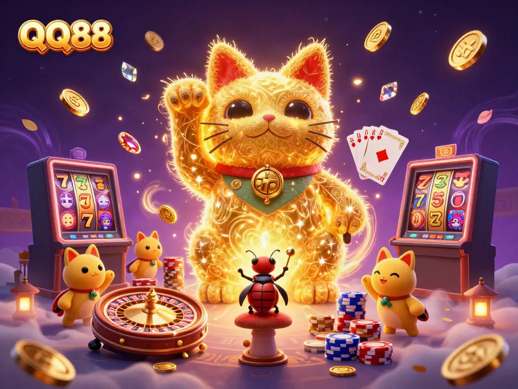 Immerse yourself in QQ88's vibrant online casino with this illustration of a lucky cat and casino symbols.