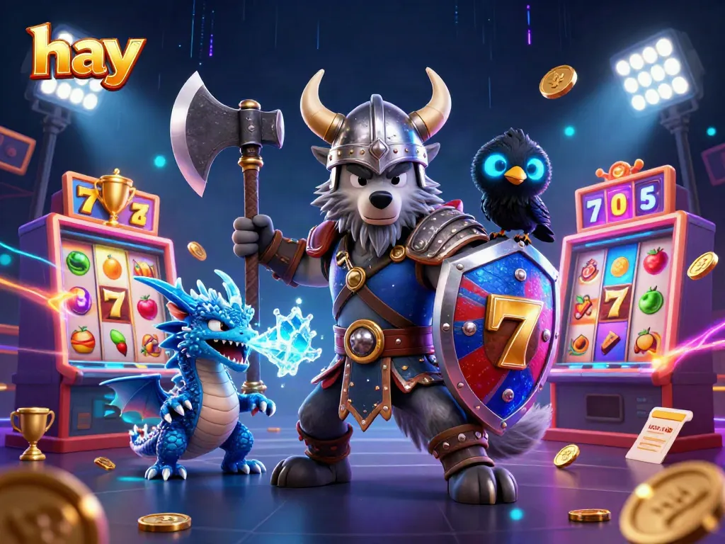 Engage in thrilling casino action with hay as Viking warriors and dragons surround vibrant slot machines and jackpots.
