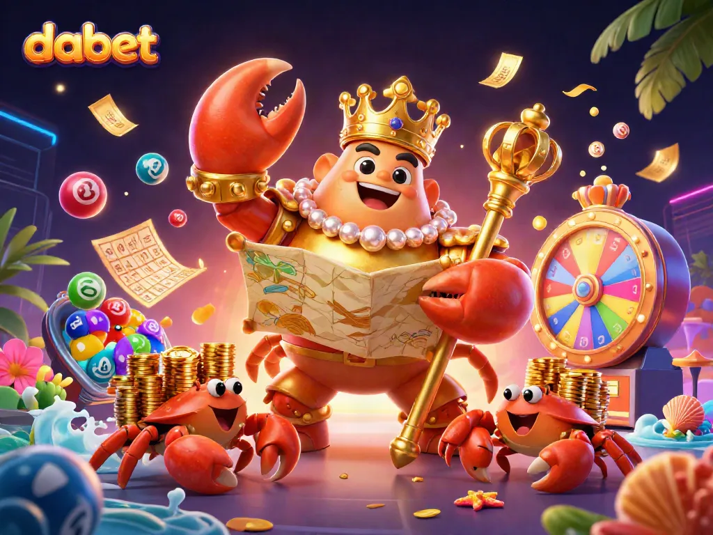 Dabet brings excitement with a golden crab emperor and vibrant lottery elements in a dynamic casino scene.