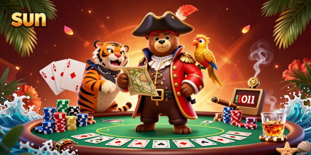 Engage in thrilling casino action with Sun themed characters at the poker table, enhancing your game.