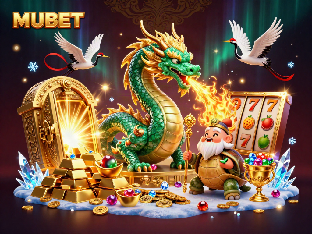MUBET's immersive casino scene highlights a jade dragon and lucky symbols, inviting gamers to play.