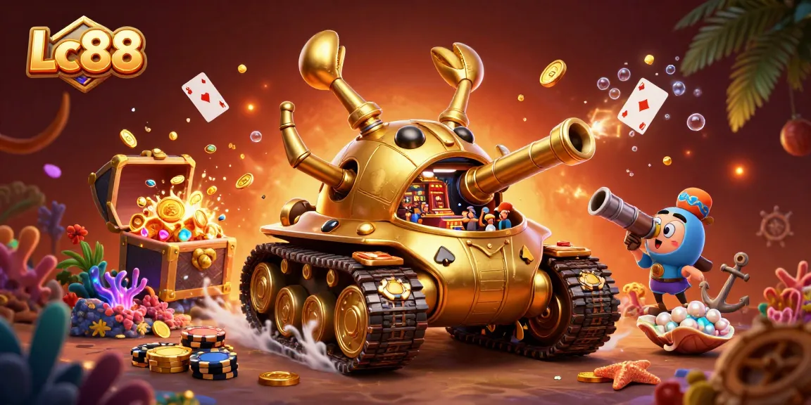 Engage with the Lc88 casino excitement as golden tanks unveil thrilling games surrounded by vibrant treasure.