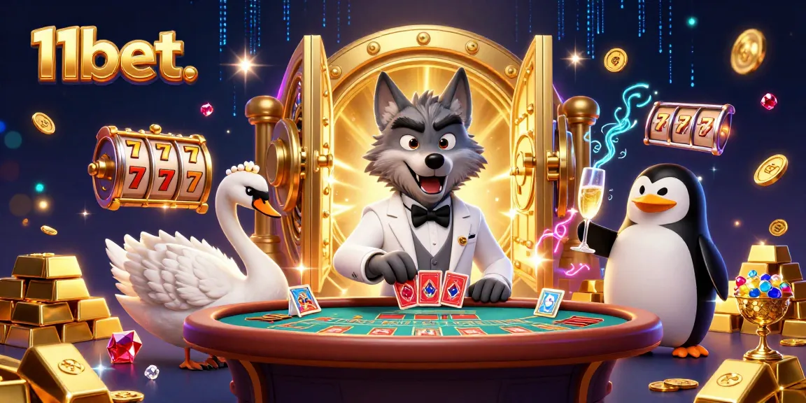 Engage with the vibrant 11bet. casino scene featuring a debonair wolf and charming characters.