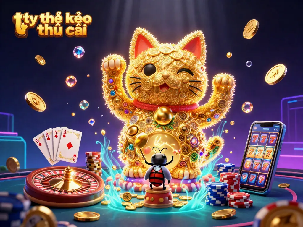 Experience the thrill with tỷ lệ kèo nhà cái vibrant illustration showcasing dynamic casino elements and a lucky cat.