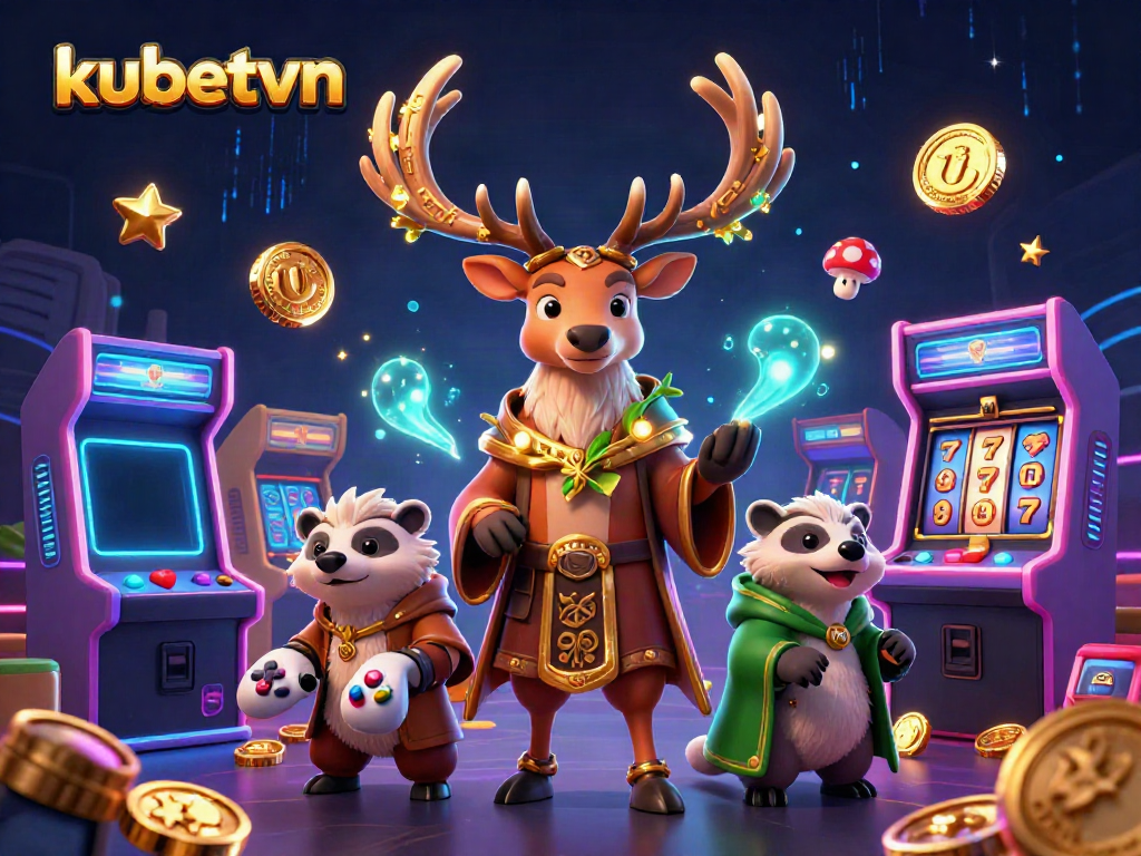 Experience the thrill of kubetvn with an illustrated scene of casino games and characters.