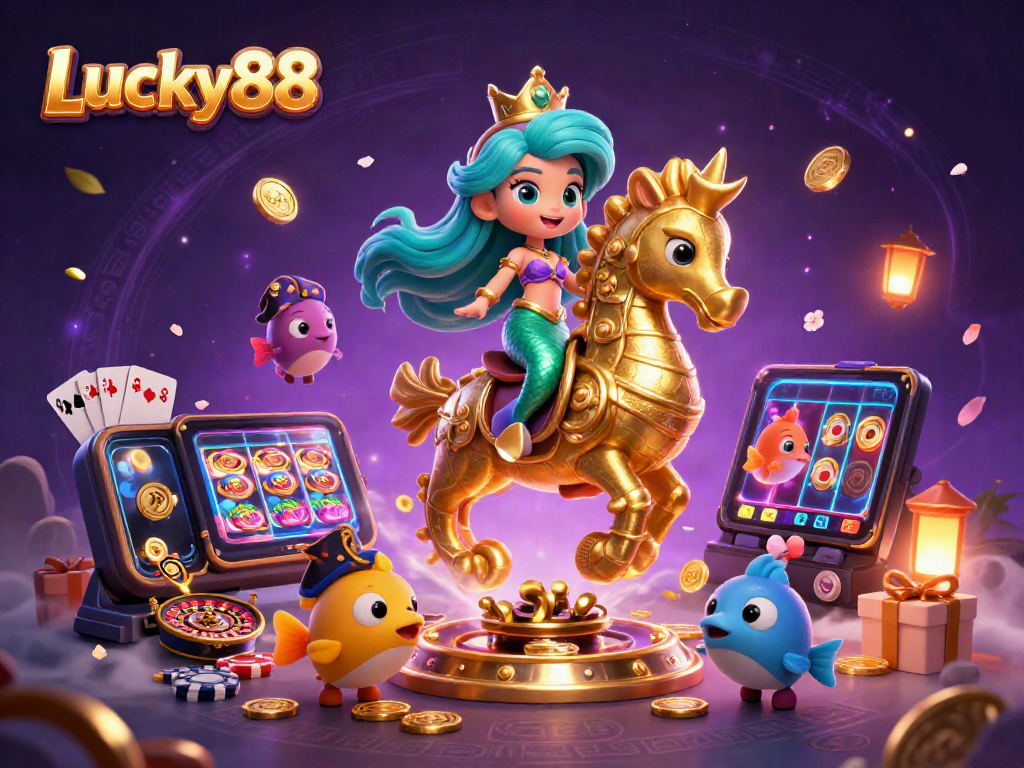 Engage with Lucky88 by spinning colorful slots amidst vibrant illustrations of mermaids and sea creatures.