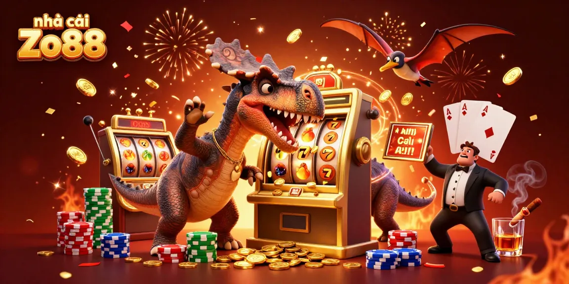 Experience the dynamic excitement at nhà cái Zo88 with a cartoon dinosaur hitting a jackpot!