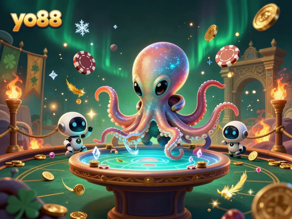 Experience exciting gameplay at yo88 with a cartoon alien octopus hosting a holographic poker table in space.