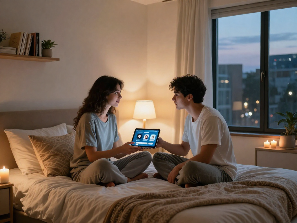 Couple discussing ai sex in a cozy bedroom with ambient lighting and a tablet.