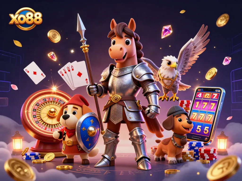 Spin to win with xo88 while surrounded by vibrant coins, chips, and gaming elements.
