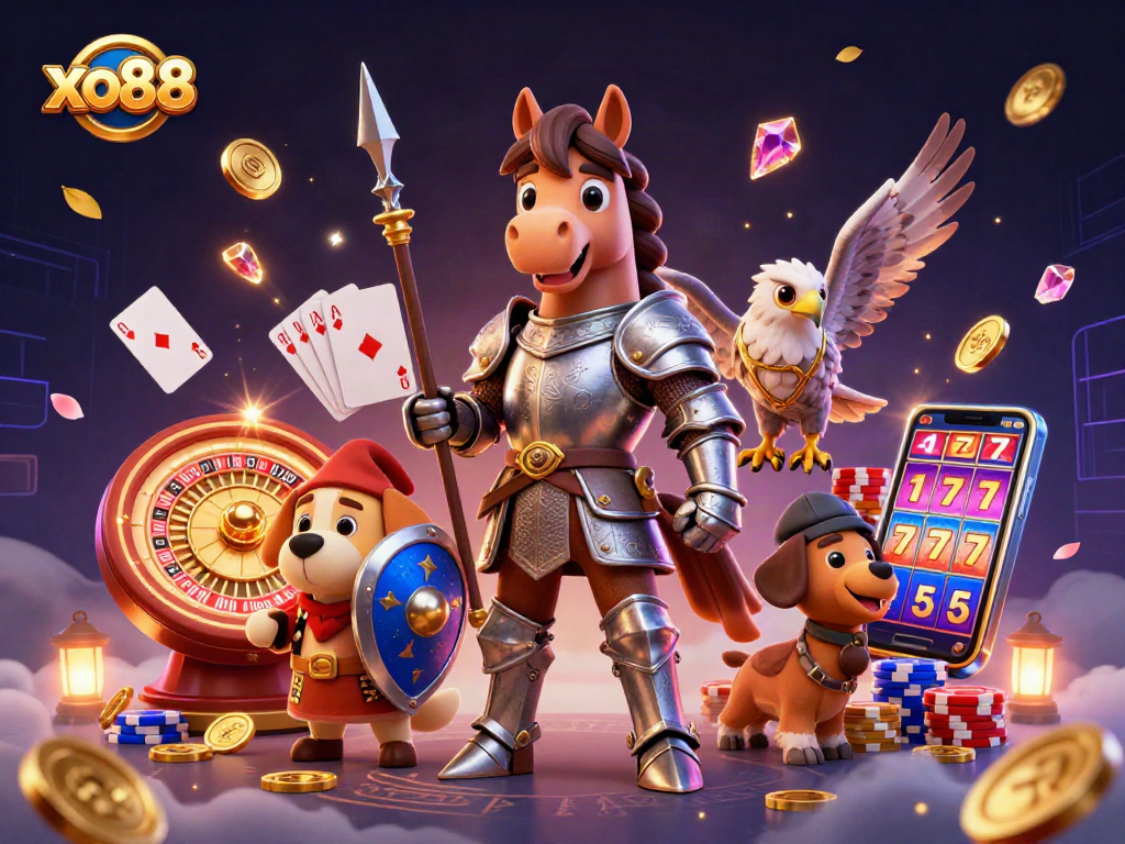 Spin to win with xo88 while surrounded by vibrant coins, chips, and gaming elements.