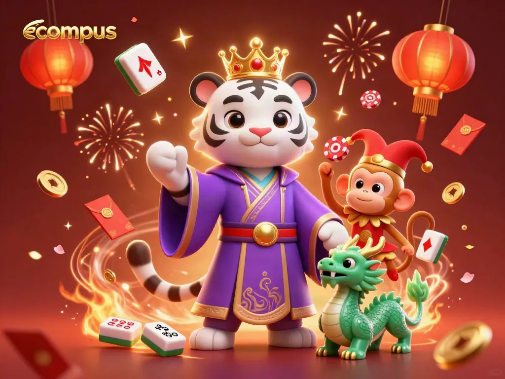 ecompus features a vibrant 3D scene with a white tiger, monkey juggling chips, and jade dragon in a casino celebration.