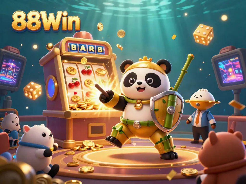 Experience the excitement of 88Win with a vibrant 3D illustration showcasing a golden panda and casino theme.