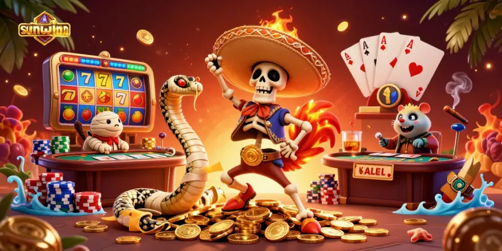 Experience the vibrant sunwinn gaming world with a lively scene combining a mariachi rooster, mummy snake, and DJ hamster.
