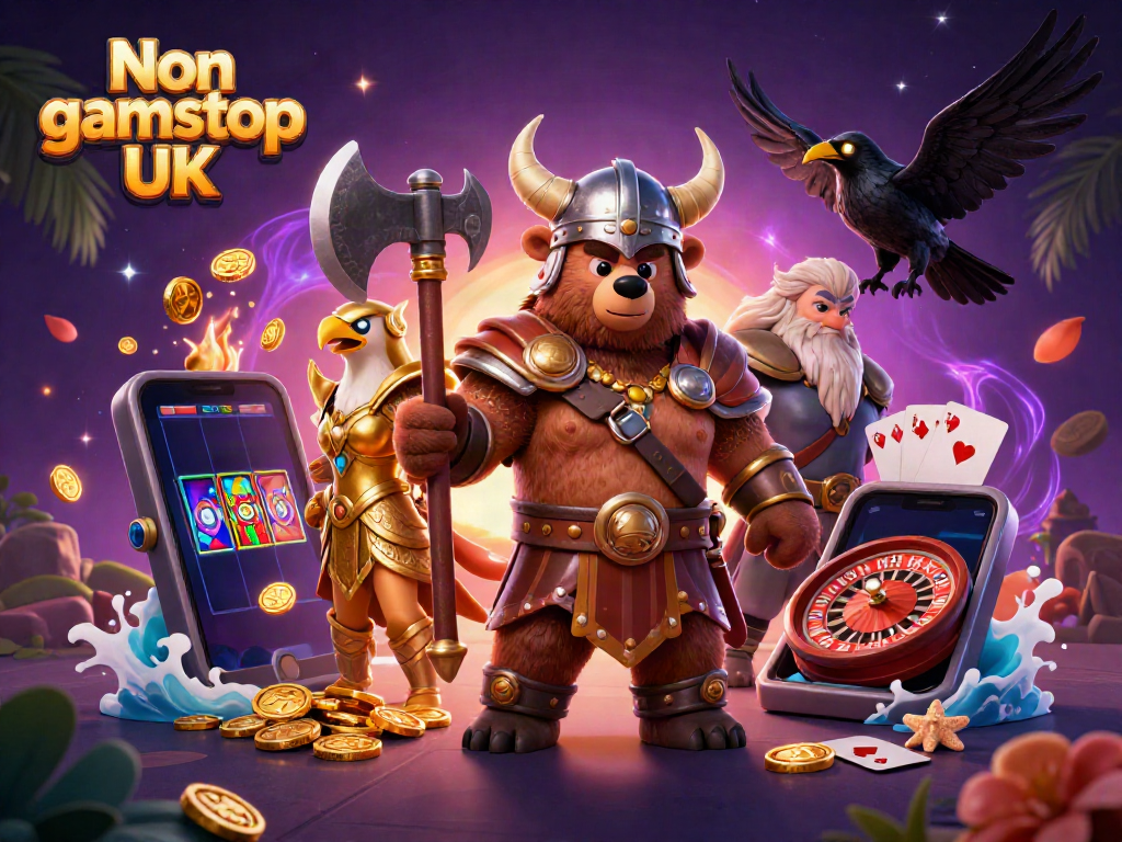 Engaging scene of Non gamstop casinos UK showcasing dynamic casino elements with a Viking and Valkyrie.