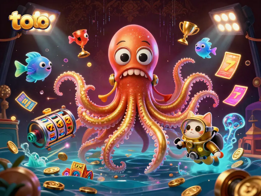 Engage with the thrilling toto gaming experience featuring a kraken and diving cat in a vibrant casino atmosphere.