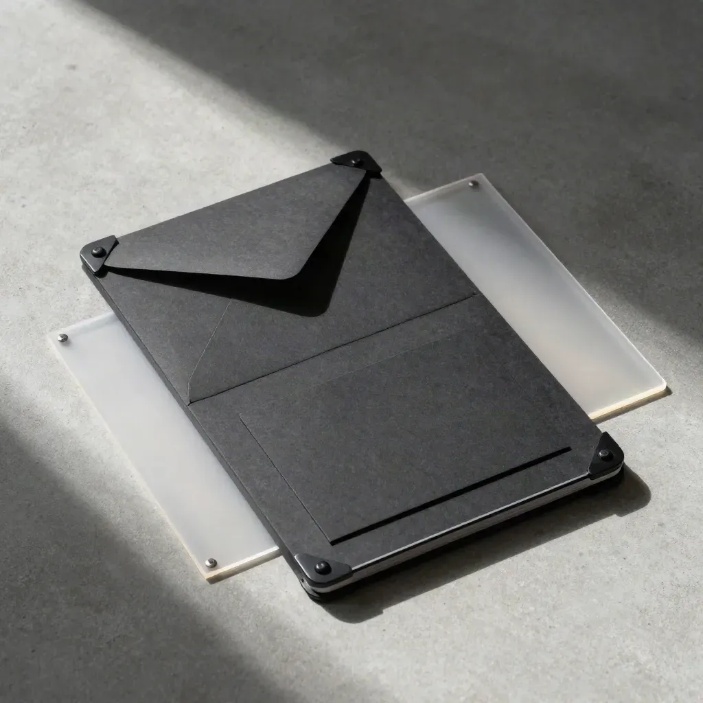 Charcoal investor deck pack with acetate divider and face-down cards on concrete