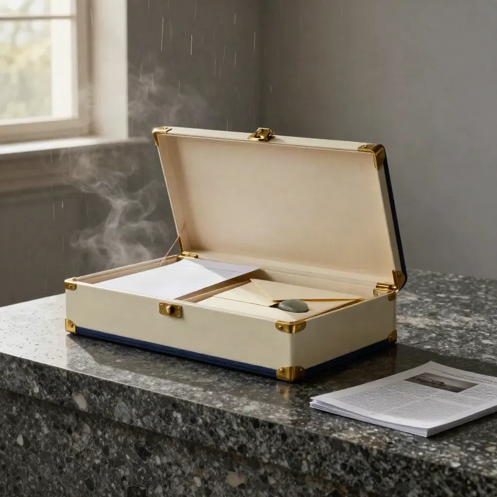 Archival strategy box with memo sleeve, envelope, paperweight and booklet on rain-dark stone.