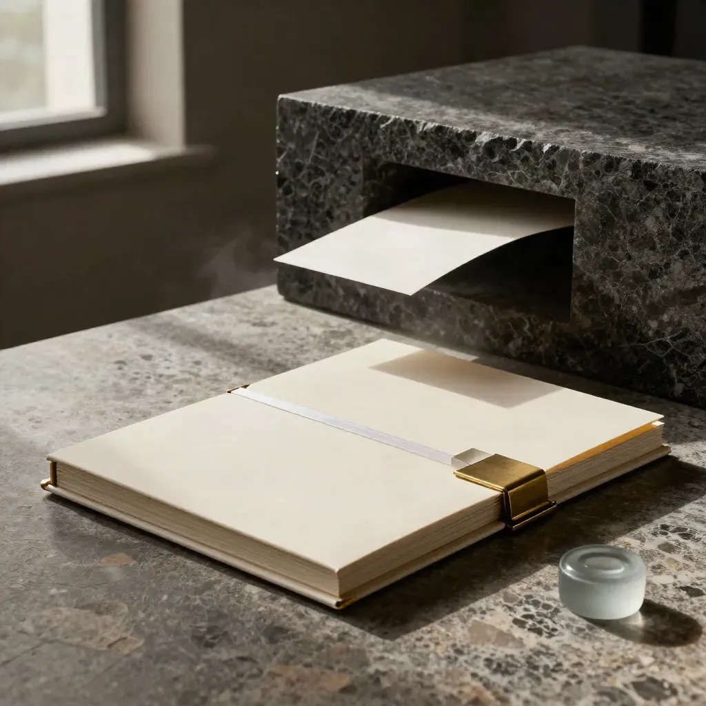 Ivory funding review folio with brass clip, glass weight and translucent dividers in a stone alcove.