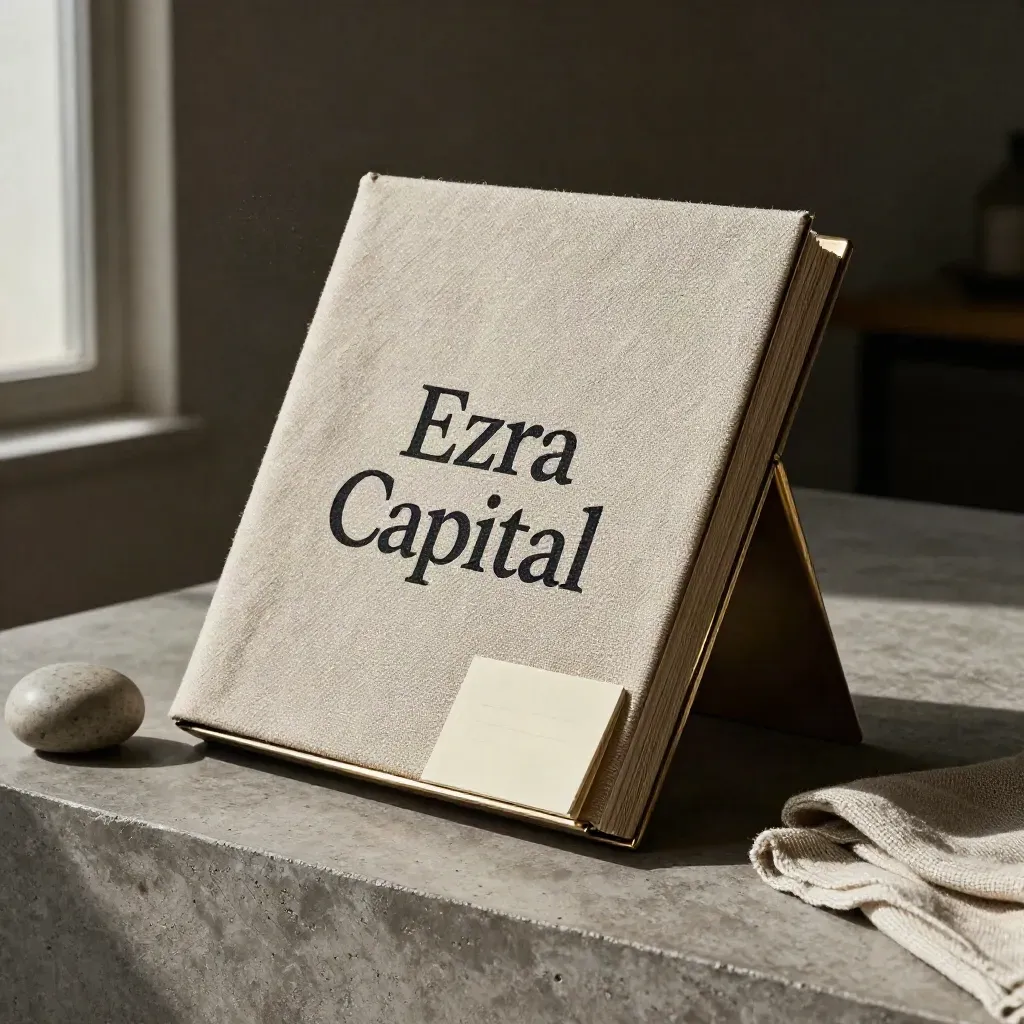 Linen-wrapped portfolio board with metal spine, proof cards, stone weight and folded cloth on concrete