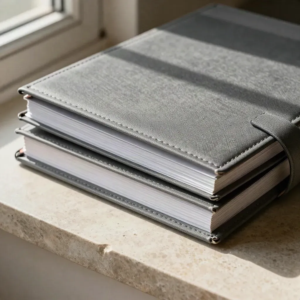 Overhead cloth-bound funding strategy binder with card stacks on pale stone.