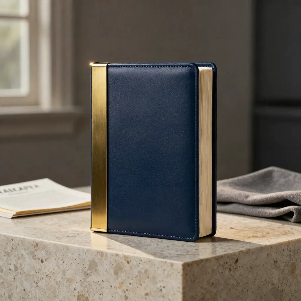 Navy capital raise folio with brass spine plates, slipcase and cards on travertine in warm studio light.