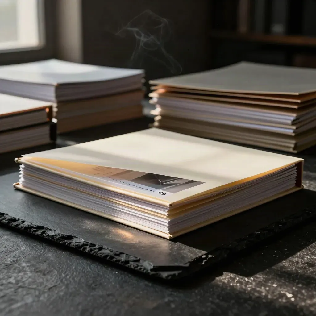 Cream due diligence binder on matte-black slate under a hard left beam, with haze and layered sleeves.
