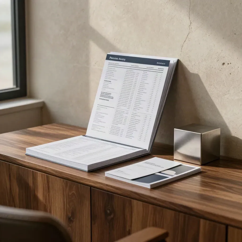 Market scan bundle on walnut sideboard with metal cube and blurred reference cards