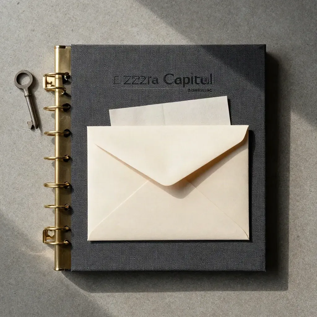 Overhead flatlay of a charcoal memo binder, tied envelope, and cloth divider on concrete.