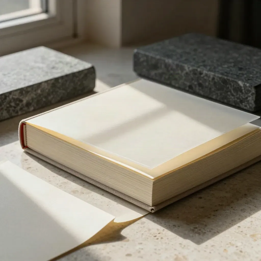 Luxury finance workbook stack with cream sheets, translucent overlays, and slate stone accents.