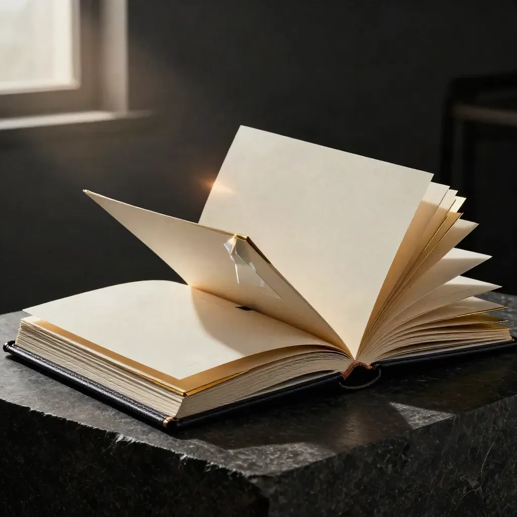 Open navy capital support folio with gold tabs and glass prism on dark stone, lit dramatically.