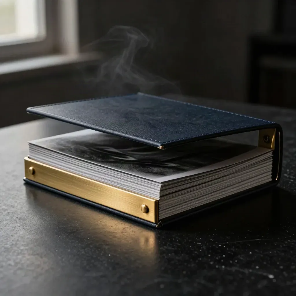 Charcoal board pack review case with brass details and navy sleeve on matte-black stone