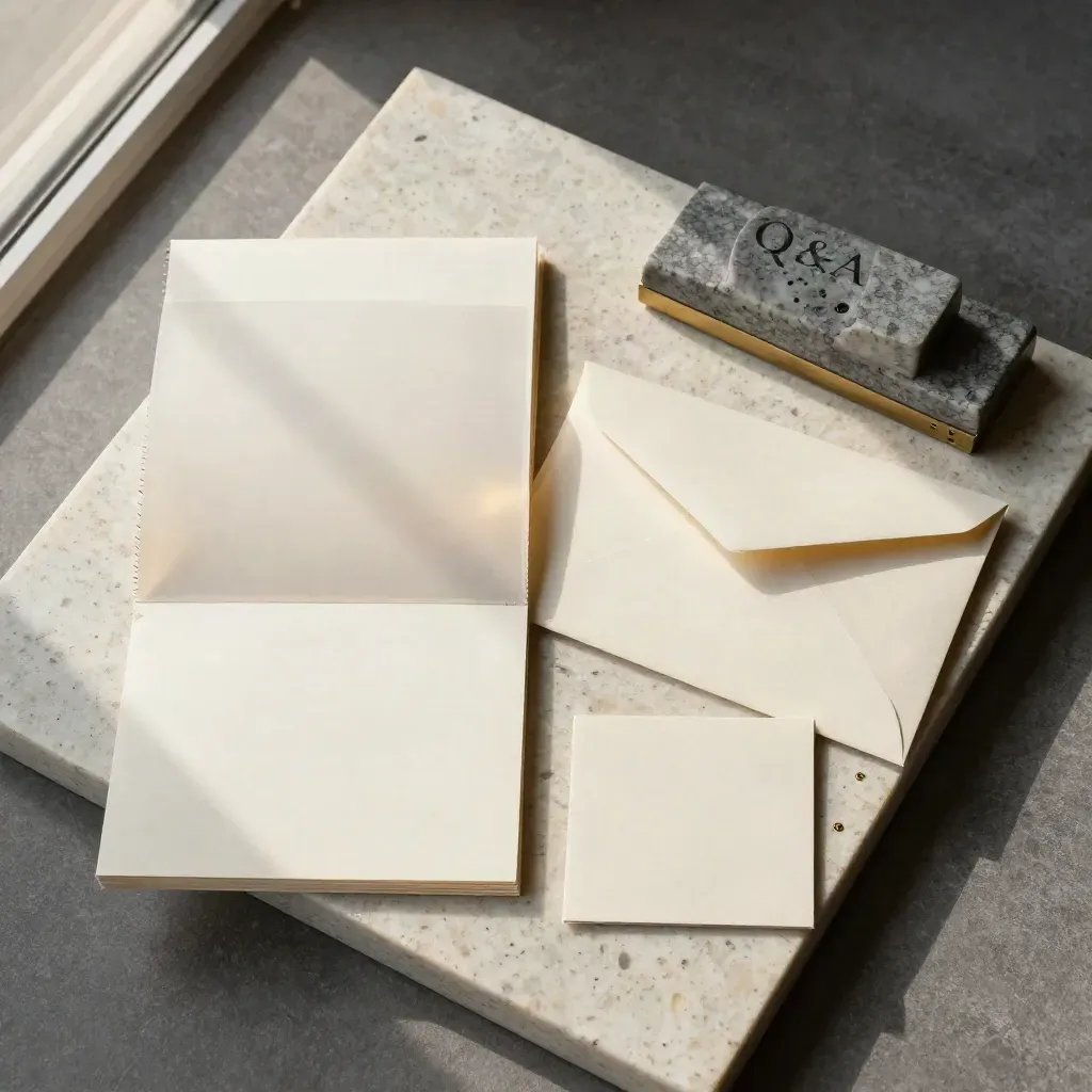 Overhead flatlay of investor Q&amp;A prep cards, divider and envelope on pale stone.