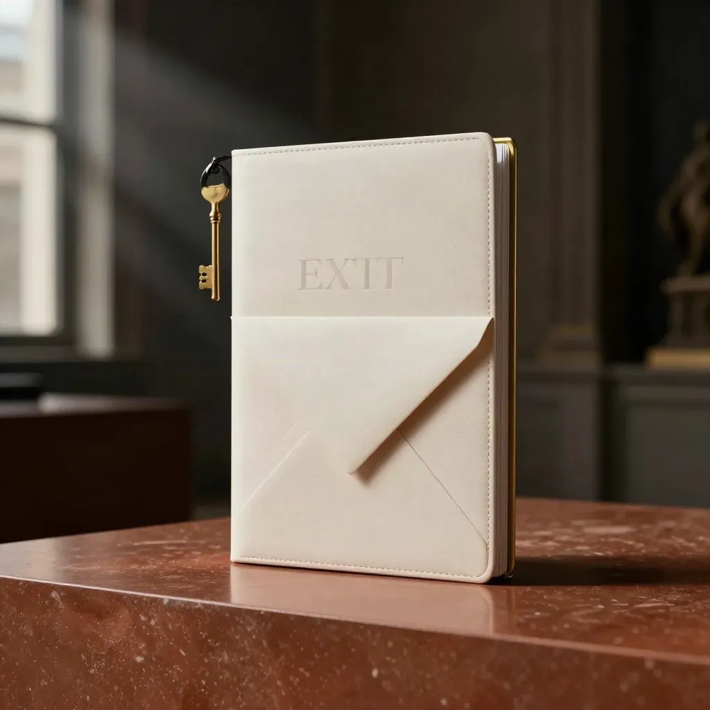 Premium exit-readiness folio with brass edges and a sealed envelope on a terracotta plinth.