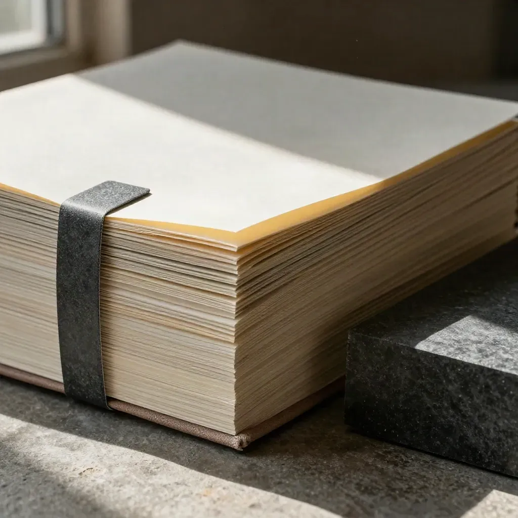 Macro of a cream cash flow workbook stack with slate band, overlay sheet, and slate block