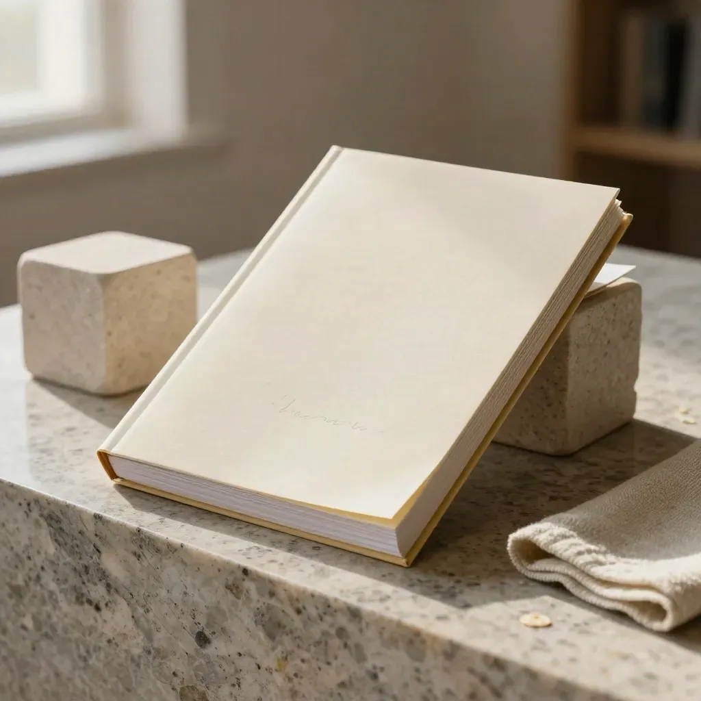 Ivory valuation note pack beside stone cube and folded cloth on travertine.