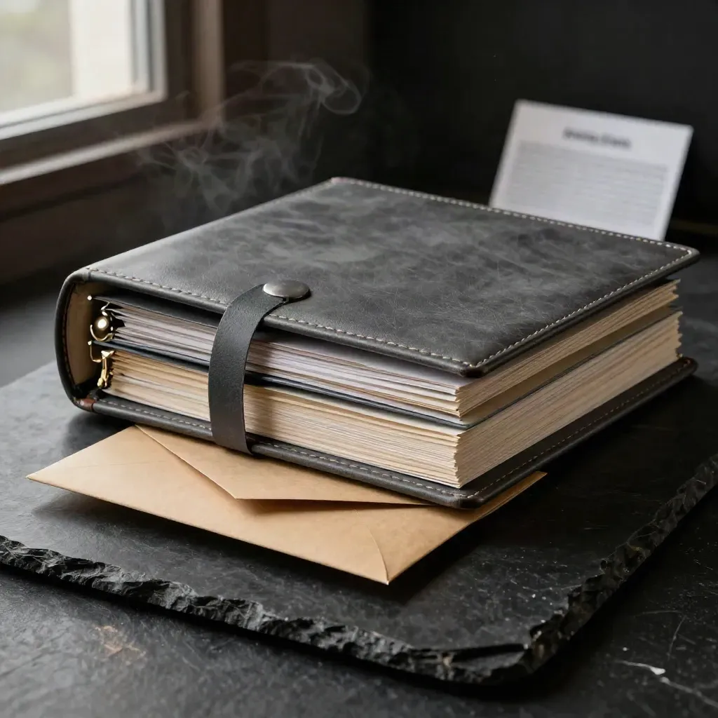 Graphite lender pack binder with tabbed dividers and sealed envelope on black stone, dramatic studio light